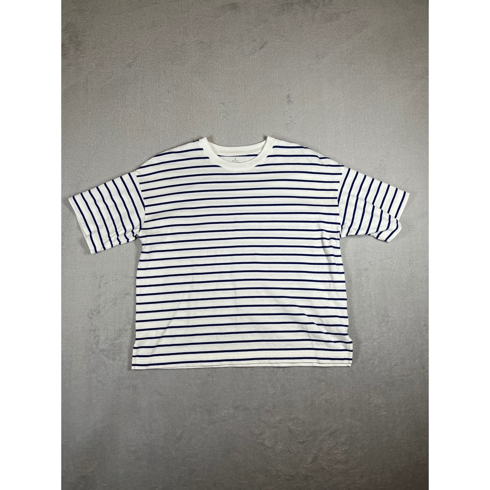 Muji Women's Striped Heavyweight Cotton T-Shirt White Navy Blue Boxy Fit Large